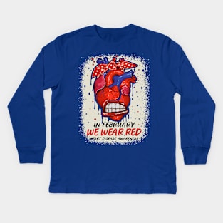 In February We Wear Red Heart Disease Awareness Ribbon Kids Long Sleeve T-Shirt